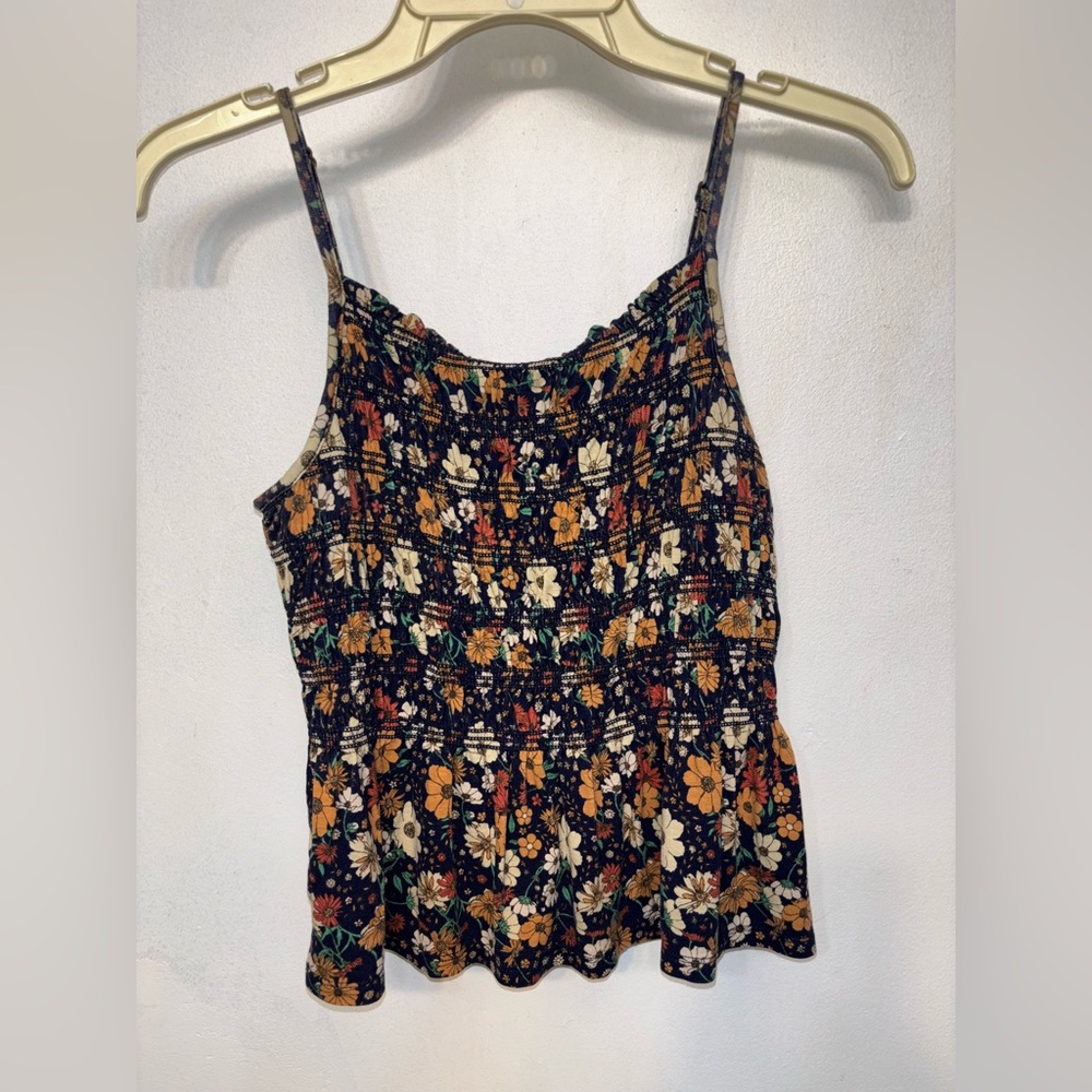 SO Navy Blue &Floral Smocked Ribbed Cami Tank Top Woman’s Size Small NWOT